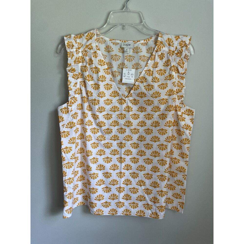 J Crew Women’s Medium Sleeveless Tank Tank Blouse White Shell Fan Pattern NWT